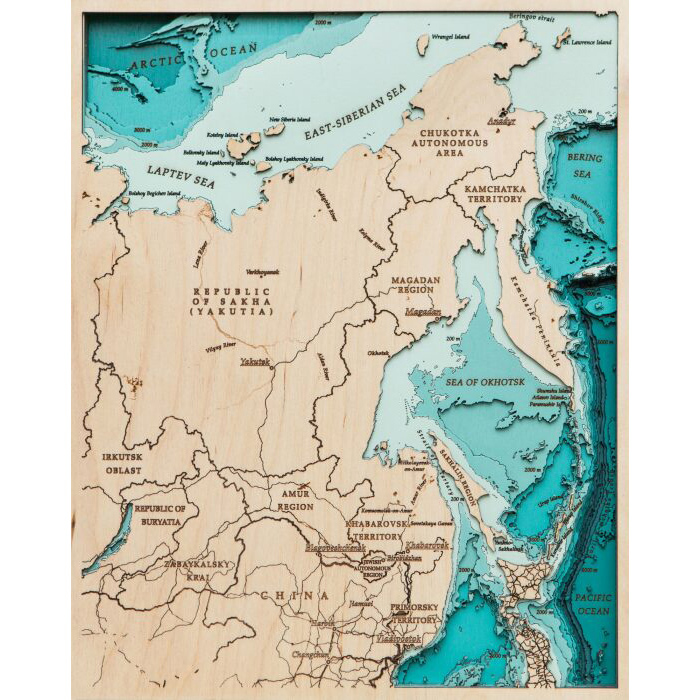 Карта Дальневосточного федерального округа на английском языке из дерева, малая, на заказ