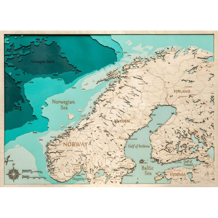 Карта Скандинавского полуострова из дерева, малая, на заказ