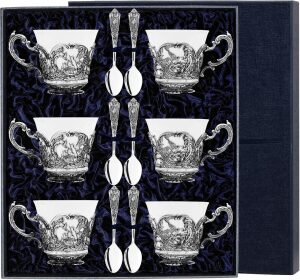 Набор чайных чашек из серебра "Королевская охота": ложка, чашка, на 6 персон