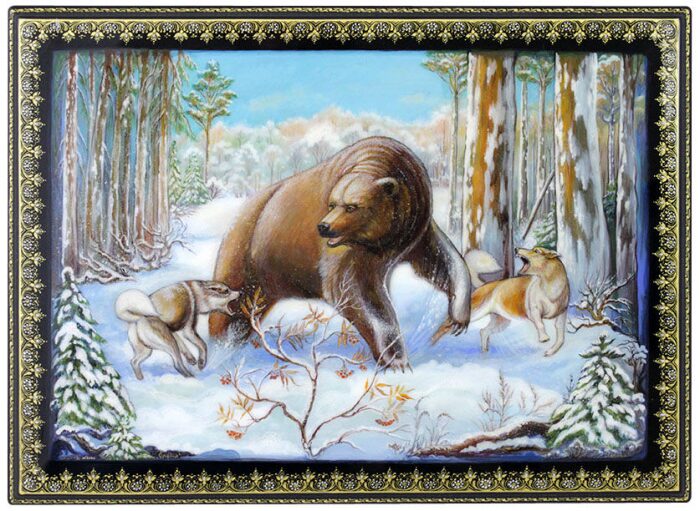 Шкатулка для бумаг "Зимняя охота на медведя" (Палех)