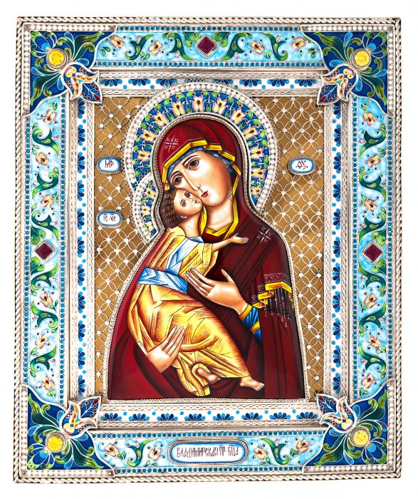 Икона "Владимирская Божья Матерь" с горячей эмалью и латунной подложкой (финифть)