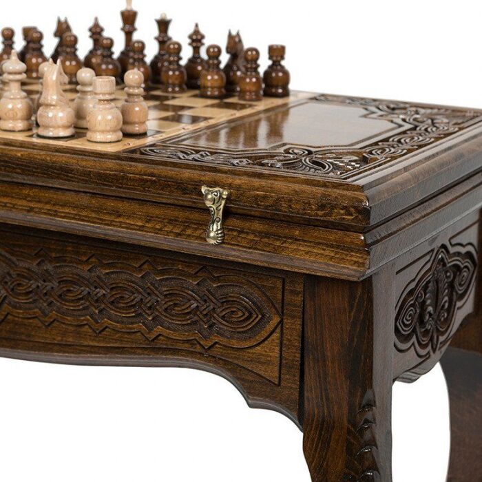 Шахматный стол из бука "Узорный" резной, с шахматами и нардами