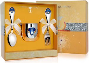 Серебряный детский набор КД "Принц": вилка, кружка, ложка с позолотой и с эмалью