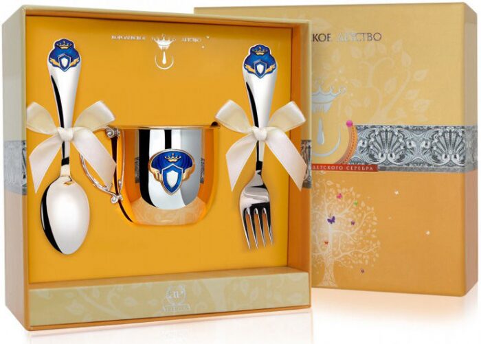 Серебряный детский набор КД "Принц": вилка, кружка, ложка с позолотой и с эмалью