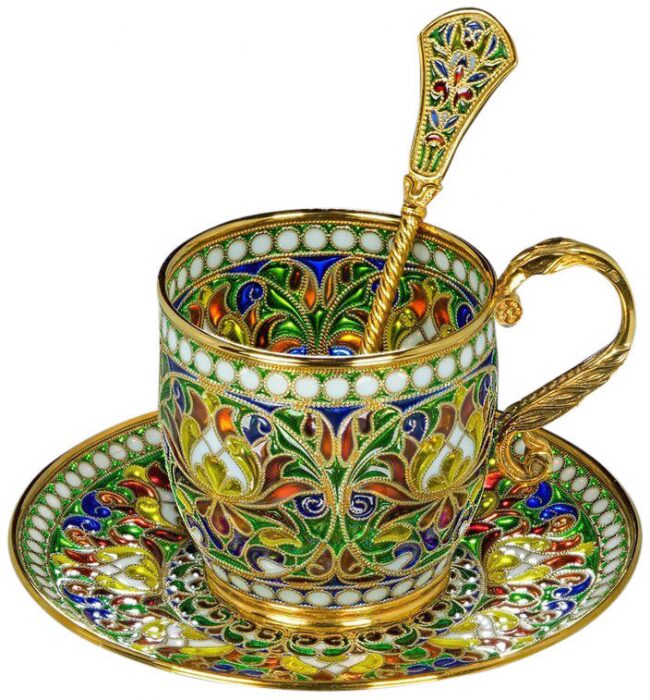 Кофейная чашка с блюдцем "Золотой цветок" с горячими эмалями