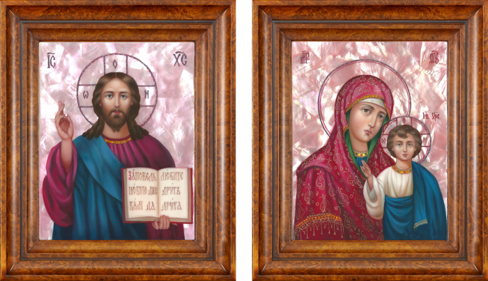 Венчальная пара икон "Казанская Божия Матерь и Спаситель", малая с перламутром