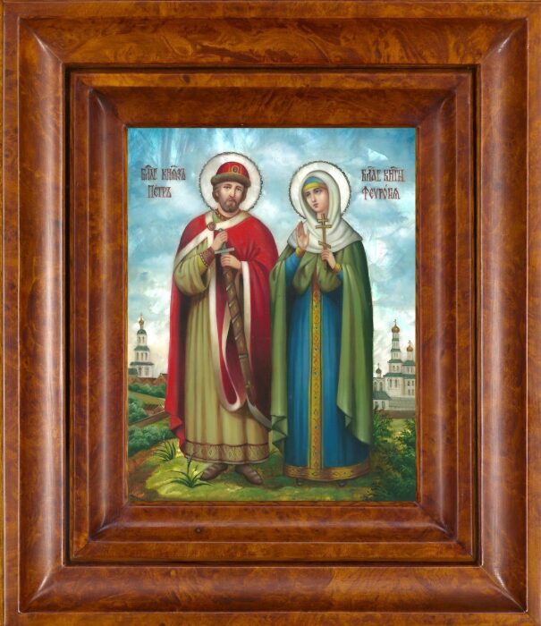 Икона "Святые Петр и Феврония" с перламутром