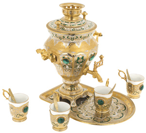 Чайный набор с самоваром "Узоры" на 4 персоны, с малахитом, Златоуст