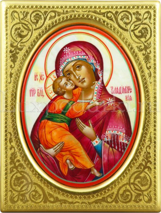 Икона с перламутром "Владимирская Богоматерь" в золотой раме