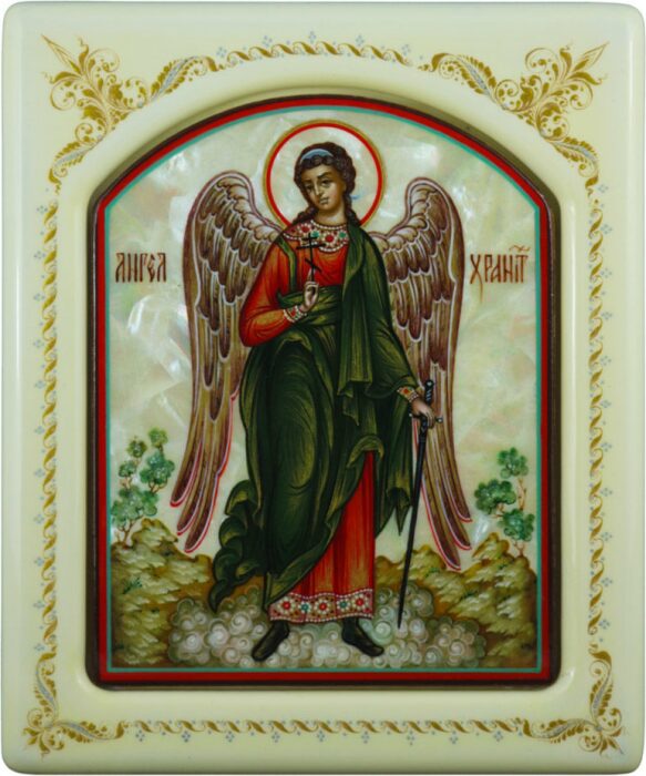 Икона с перламутром "Ангел Хранитель" в белой раме с орнаментом