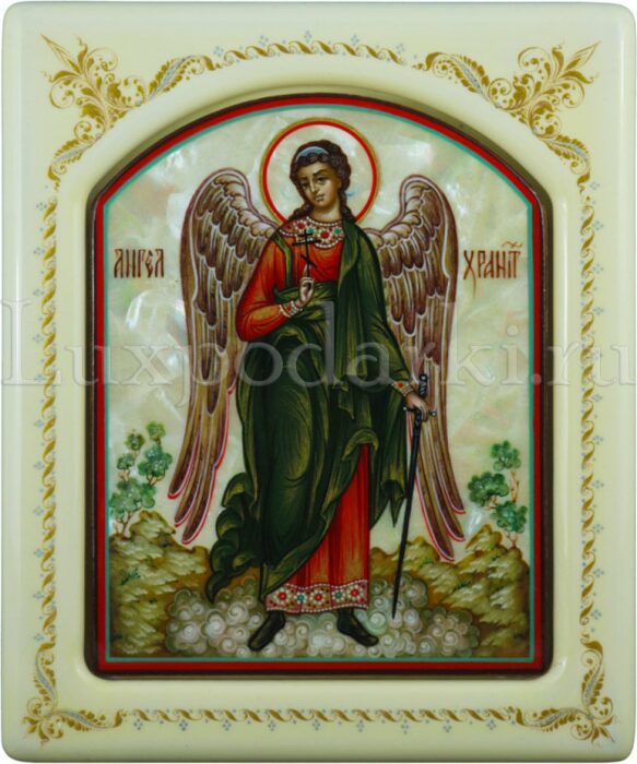 Икона с перламутром "Ангел Хранитель" в белой раме с орнаментом