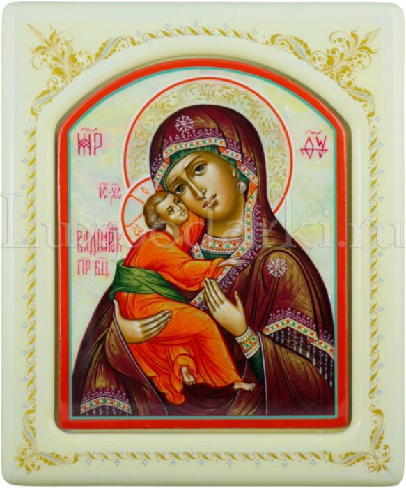 Икона с перламутром "Владимирская Богоматерь" в белой раме с орнаментом