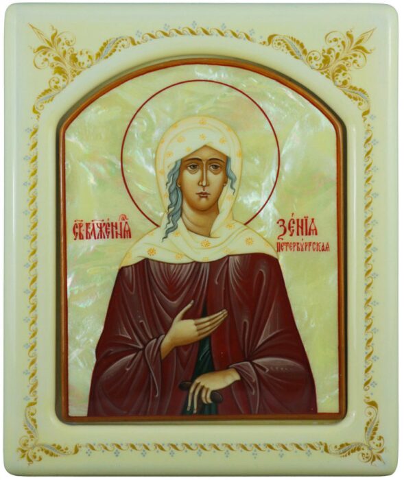 Икона с перламутром "Ксения Петербургская" в белой раме с орнаментом