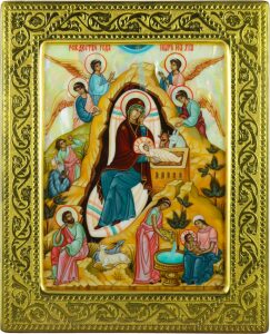 Икона на натуральном перламутре "Рождество Христово" в золотой раме