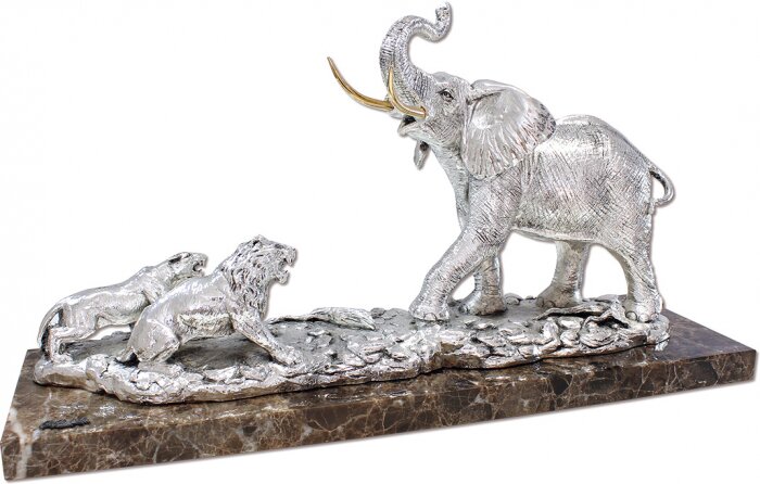 Скульптура "Слон и львы" посеребрение (Silver elephant with lions)