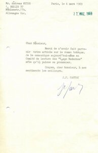 Письмо с автографом философа Жан-Поль Сартра