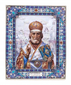Серебряная икона с финифтью "Николай Чудотворец" с храмами