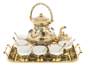 Чайный набор на 6 персон "Царский" с малахитом и эмалью, Златоуст