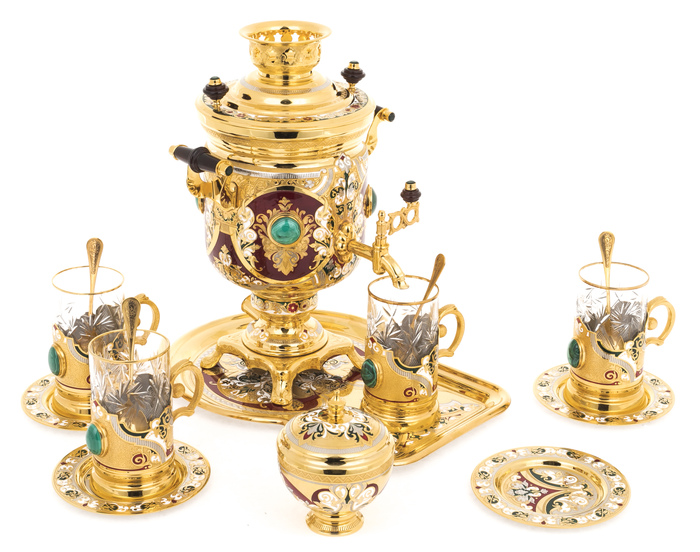 Чайный набор с самоваром "Ренесанс" на 4 персоны, малахит, эмали, Златоуст