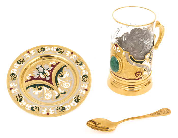Чайный набор с самоваром "Ренесанс" на 4 персоны, малахит, эмали, Златоуст