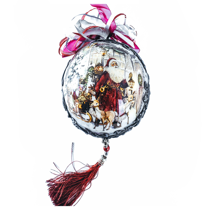 Интерьерное украшение в форме шара "Дед Мороз с фонарем и санями" (с кистью)