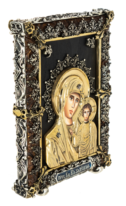 Икона с художественным литьём "Божия Матерь Казанская" малая бронза