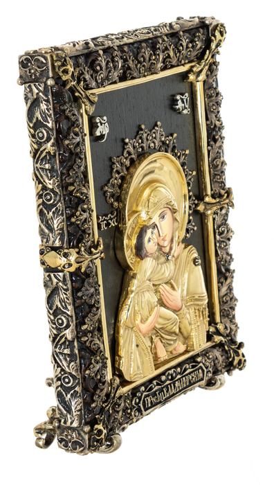 Икона с художественным литьем "Божия матерь Владимирская" малая, настольная бронза