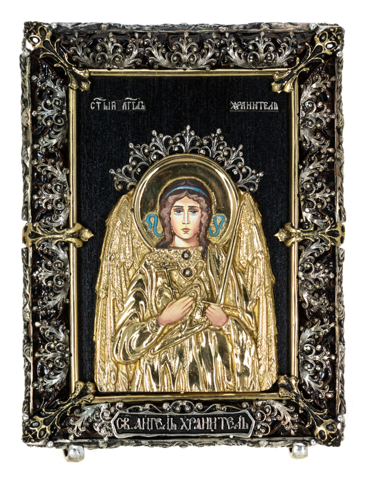 Икона с художественным литьём "Ангел Хранитель" малая, настольная бронза