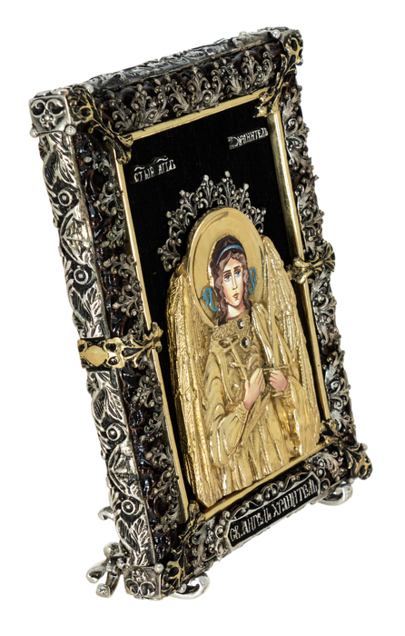 Икона с художественным литьём "Ангел Хранитель" малая, настольная бронза