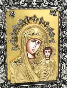 Икона с художественным литьём "Божья Матерь Казанская" настольная (бронза, сусальное золото)