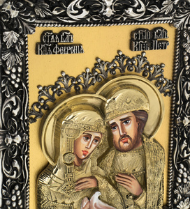 Икона с художественным литьём "Петр и Феврония" настольная (бронза, сусальное золото)