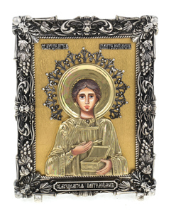 Икона настольная с художественным литьём "Пантелеймон" бронза, сусальное золото