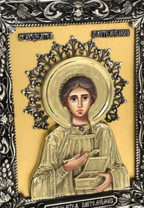 Икона настольная с художественным литьём "Пантелеймон" бронза, сусальное золото