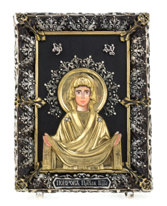 Икона с художественным литьём "Покрова Божьей Матери" малая, настольная (бронза)