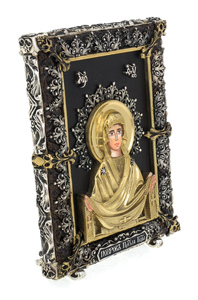 Икона с художественным литьём "Покрова Божьей Матери" малая, настольная (бронза)