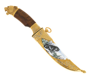 Нож "Снежный барс" (дамаск, эмали, карельская береза)