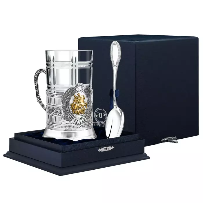 Серебряный чайный набор "Георгий Победоносец", гербовый: ложка, стакан, подстаканник позолотой