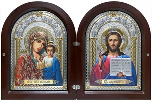 Двойной створчатый складень "Господь Вседержитель и Казанская Божия Матерь" коричневая, цветная керамическая эмаль