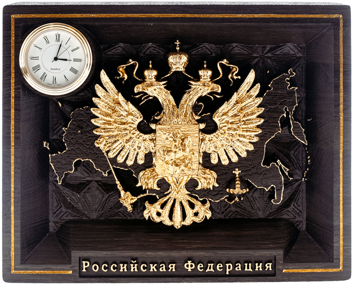 Панно из мореного дуба "Герб России" золотое с часами
