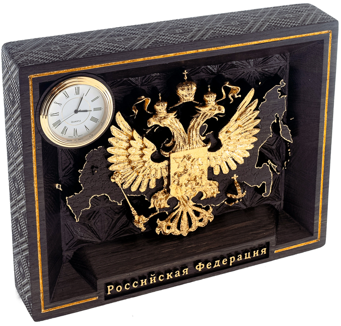 Панно из мореного дуба "Герб России" золотое с часами