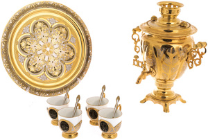 Чайный набор с самоваром на 4 персоны "Дубовый лист" Златоуст