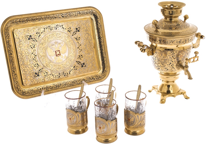Чайный набор с самоваром на 4 персоны "Герб Москвы" Златоуст