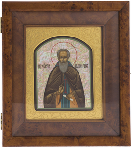 Икона на натуральном перламутре "Сергий Радонежский" в золотой раме и киоте
