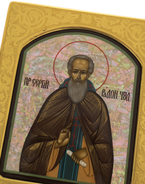 Икона на натуральном перламутре "Сергий Радонежский" в золотой раме и киоте