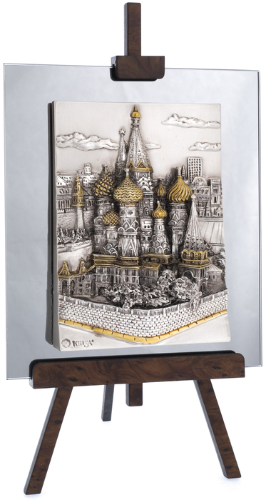 Панно настольное "Собор Василия Блаженного" на подставке, с серебрением и золочением