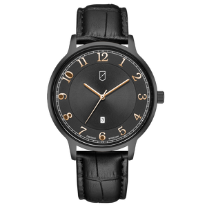 Наручные кварцевые часы УЧЗ черные с черным кожаным ремешком
