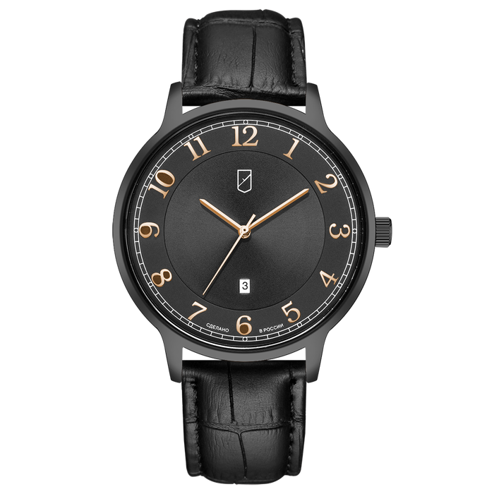 Наручные кварцевые часы УЧЗ черные с черным кожаным ремешком