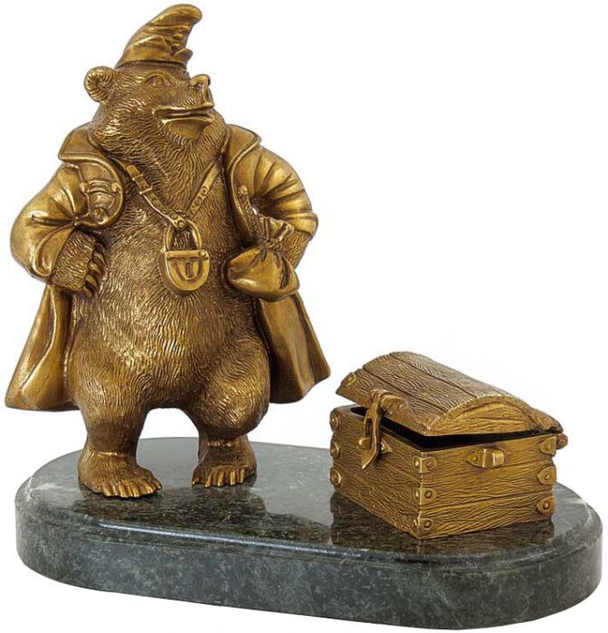 Скульптура бронзовая "Медведь с сундуком"