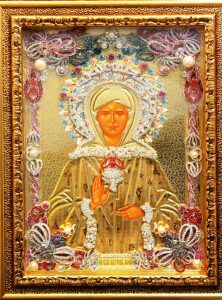 Икона с драгоценными камнями "Матрона Московская" с жемчугом позолоченная маленькая