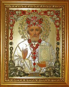Икона с драгоценными камнями "Николай Мирликийский" позолоченная